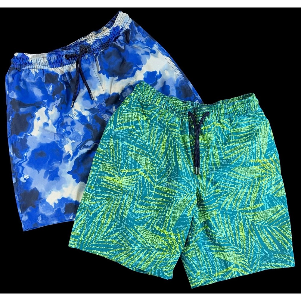 Lands' End Boys Swim Shorts Trunks 10/12 Elastic Mesh Lined Drawstring Lot of 2